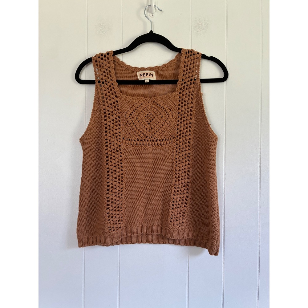 Pepin Brown Crochet Knit Sleeveless Sweater Vest Terracotta Boho Small